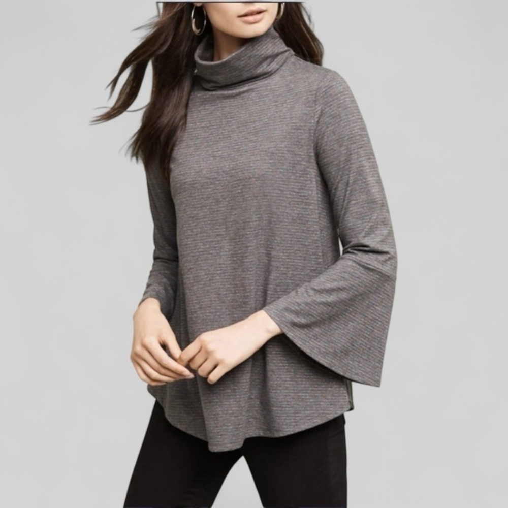 Anthropologie Postmark Liz Bell Sleeve Top Size Medium Gray Metallic Turtleneck